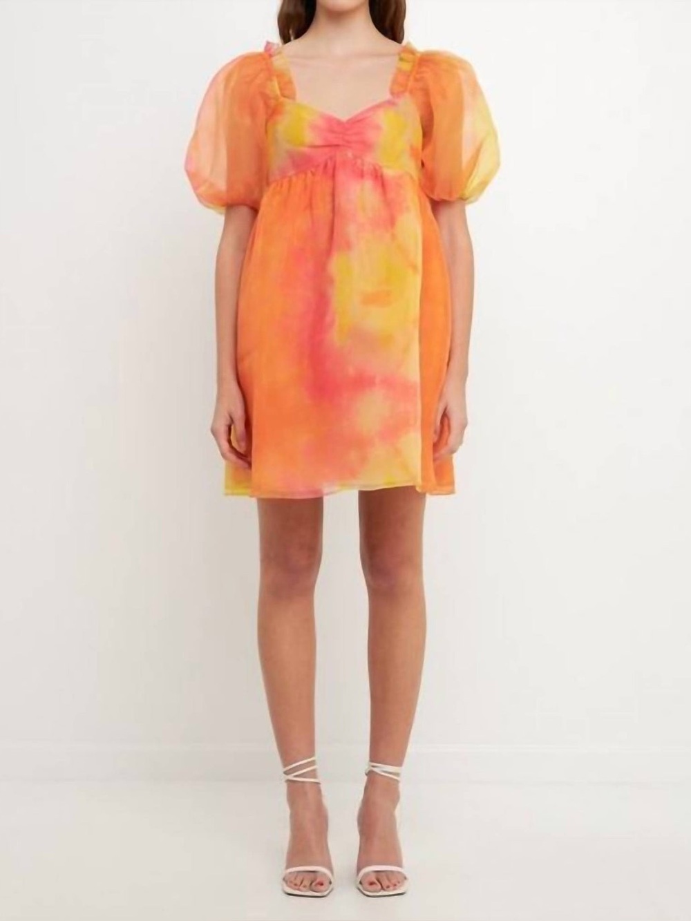 Endless Rose Organza Tie Dye Babydoll Dress Puff Sleeve Pink Orange Small NWOT